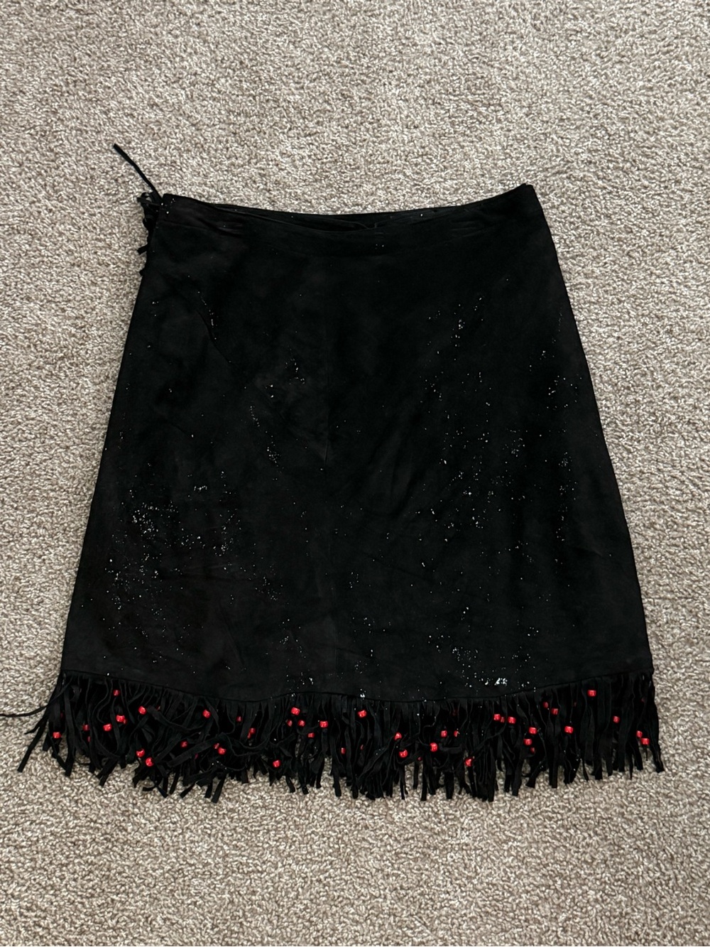 Vintage Black Suede Fringe Red Bead Western Wrap Midi Skirt L XL Cowgirl - Picture 7 of 9